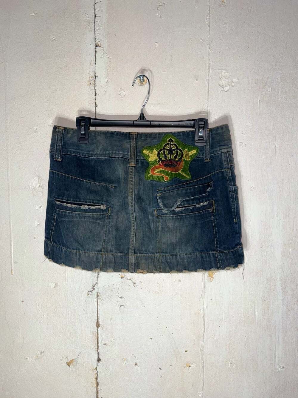 Vintage Y2K OPRK Low Rise Distressed Denim Micro Mini Skirt with Back Patch - Picture 2 of 8